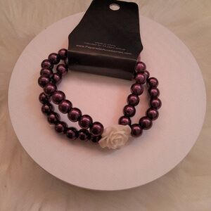 Paparazzi Dark Purple Beaded Bracelet with Cream Rose